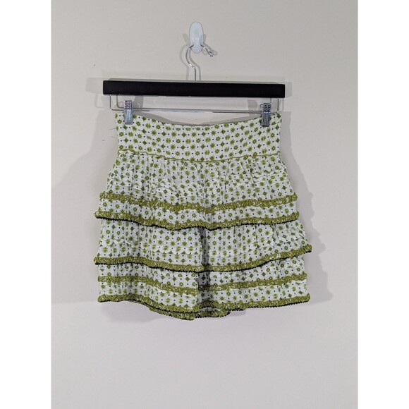 Poupette St Barth Womens Medium Mini Skirt Green Smocked Ruffle Whimsy Beachy - Picture 2 of 8